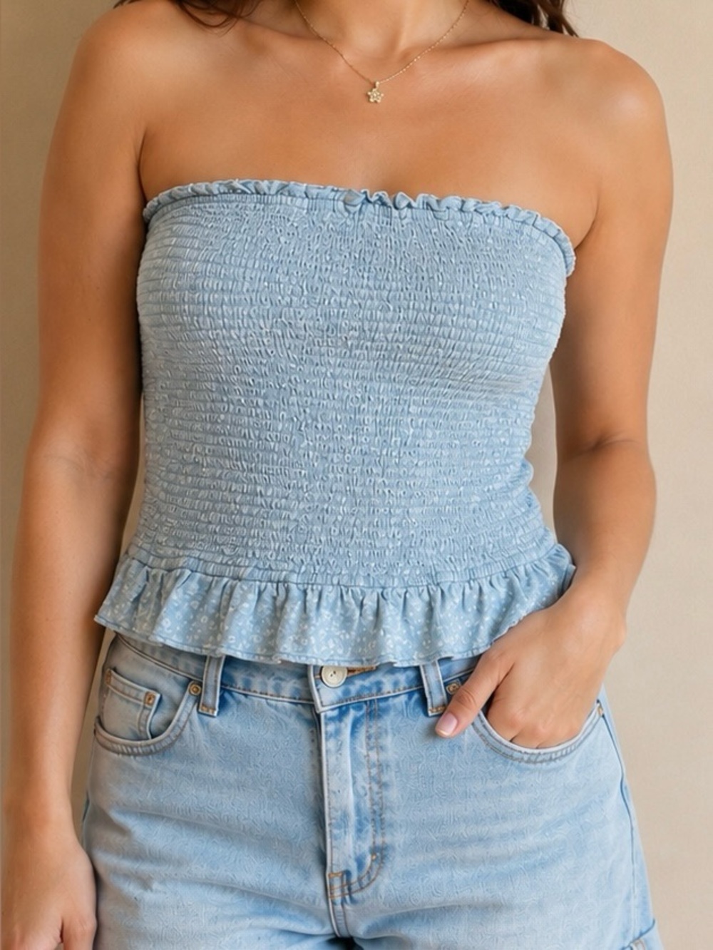 Abercrombie & Fitch Pale Blue Smocked Mini Skirt with Ruffle